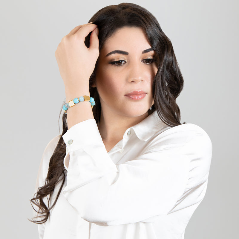 PULSERA QUIMBAYA - Hecha a mano - Bañada en oro de 24 quilates - Ágatas, turquesas