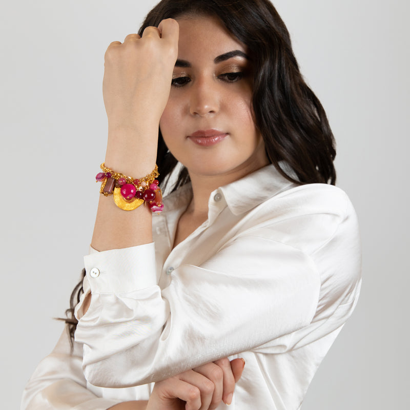 BRAZALETE ENCANTO - Hecho a mano - Bañado en oro de 24 quilates - Ágatas, nácar