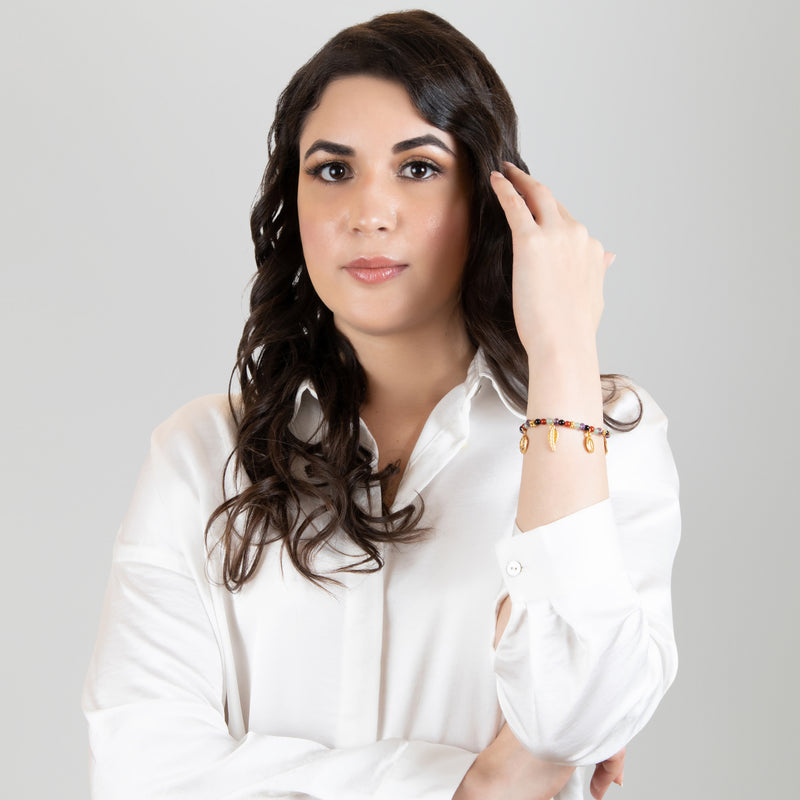 PULSERA ARCOÍRIS - Hecha a mano - Bañada en oro de 24 quilates - Ágatas, ónix, jades y amatistas