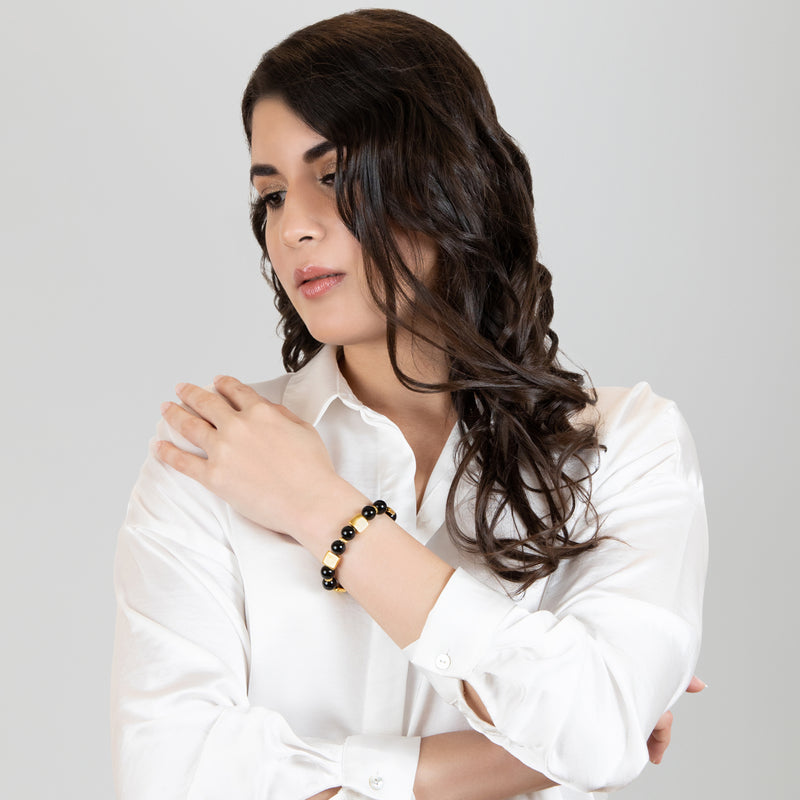 PULSERA QUIMBAYA - Hecha a mano - Bañada en oro de 24 quilates - Ónix