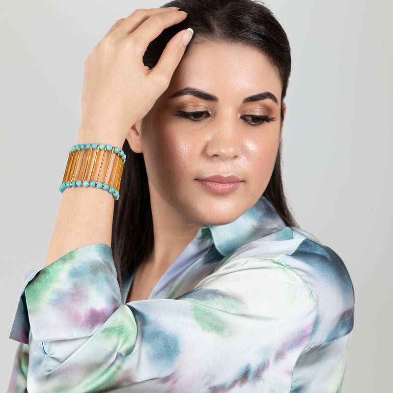 BRAZALETE ELEGANCIA - Hecho a mano - Bañado en oro de 24 quilates - Turquesas
