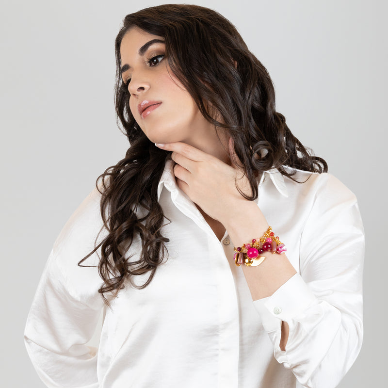 BRAZALETE ENCANTO - Hecho a mano - Bañado en oro de 24 quilates - Ágatas, nácar
