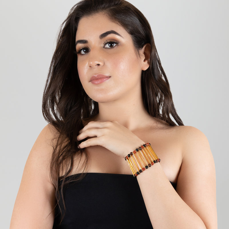BRAZALETE ELEGANCIA - Hecho a mano - Bañado en oro de 24 quilates - Ónix, ágatas