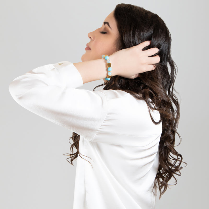 PULSERA QUIMBAYA - Hecha a mano - Bañada en oro de 24 quilates - Ágatas, turquesas