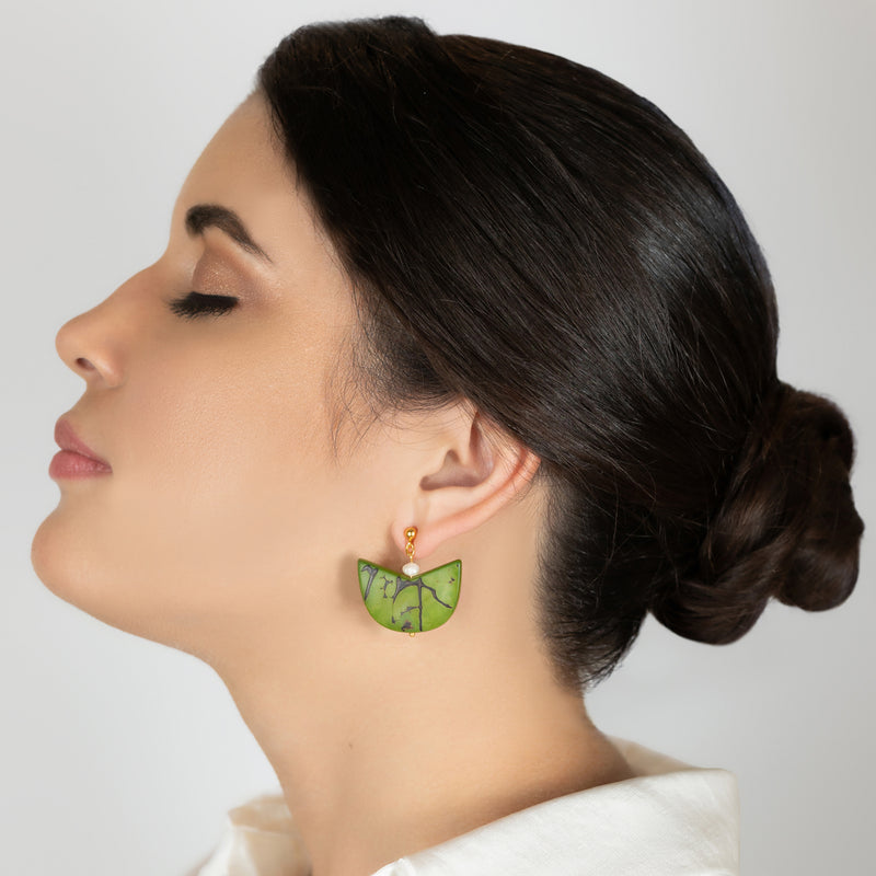 PENDIENTES PALMA - Hechos a mano - Bañados en oro de 24 quilates - Tagua (marfil vegetal), perlas cultivadas