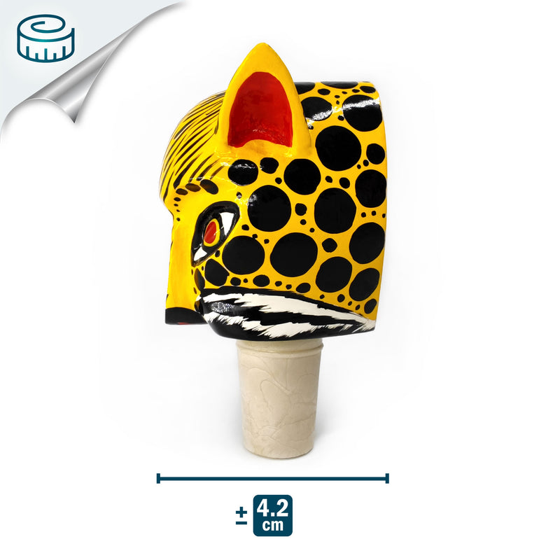 TAPÓN DECORATIVO PARA BOTELLAS - El jaguar del carnaval - Madera tallada y pintada a mano