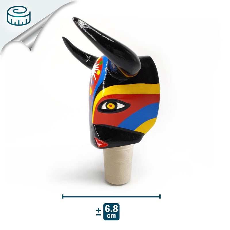 TAPÓN DECORATIVO PARA BOTELLAS - El toro del carnaval - Madera tallada y pintada a mano