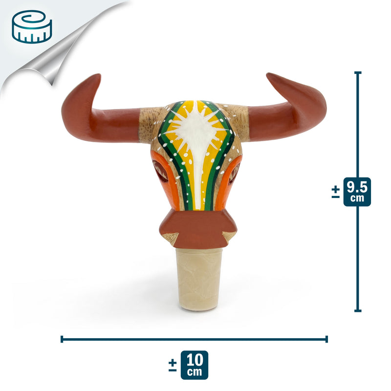 TAPÓN DECORATIVO PARA BOTELLAS - El toro del carnaval - Madera tallada y pintada a mano