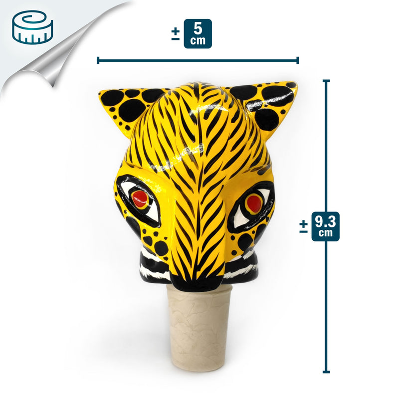 TAPÓN DECORATIVO PARA BOTELLAS - El jaguar del carnaval - Madera tallada y pintada a mano