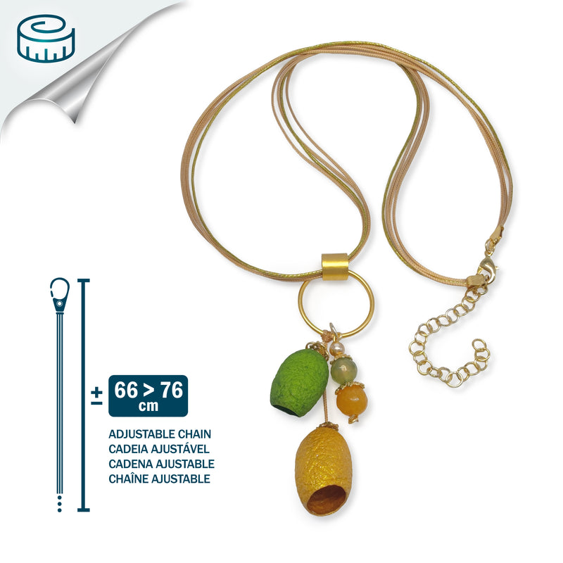 COLLAR COCOON SILKE - Hecho a mano - Bañado en oro de 24 quilates - Cordones de seda sintética, ágata, capullos de seda