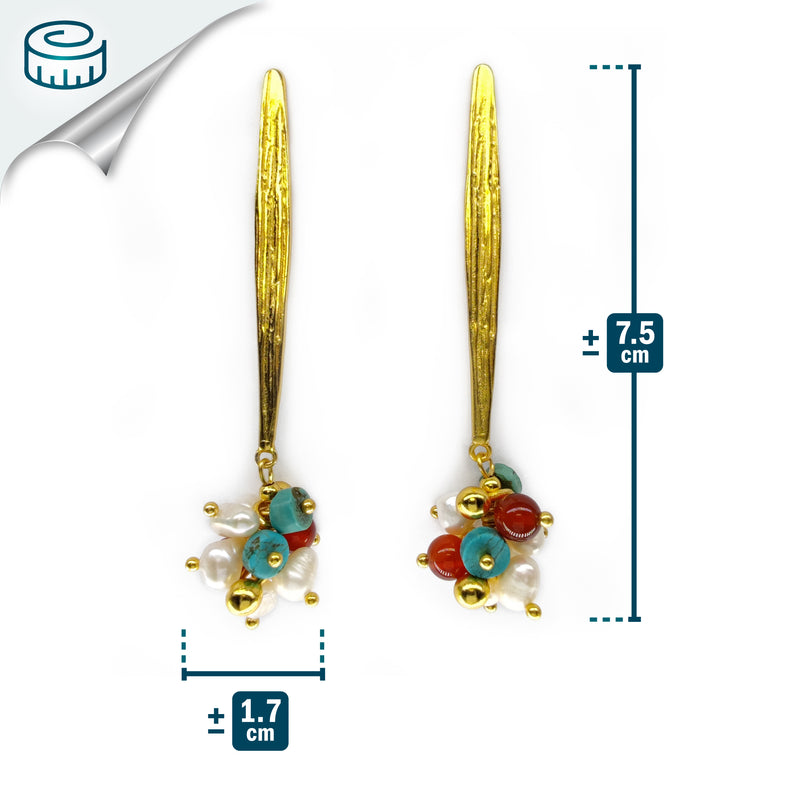 PENDIENTES FRIDA - Hechos a mano - Bañados en oro de 24 quilates - Perlas cultivadas, turquesas,  ágatas