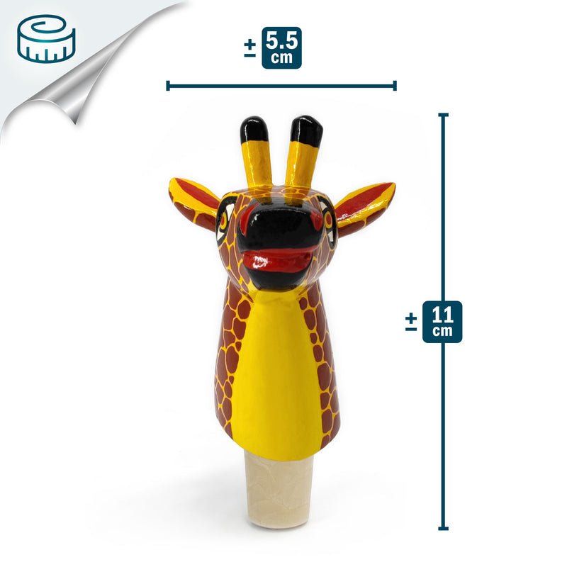 TAPÓN DECORATIVO PARA BOTELLAS - La jirafa del carnaval - Madera tallada y pintada a mano