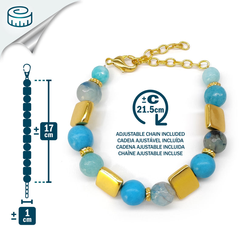 PULSERA QUIMBAYA - Hecha a mano - Bañada en oro de 24 quilates - Ágatas, turquesas
