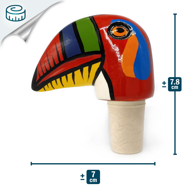TAPÓN DECORATIVO PARA BOTELLAS - El tucán del carnaval - Madera tallada y pintada a mano